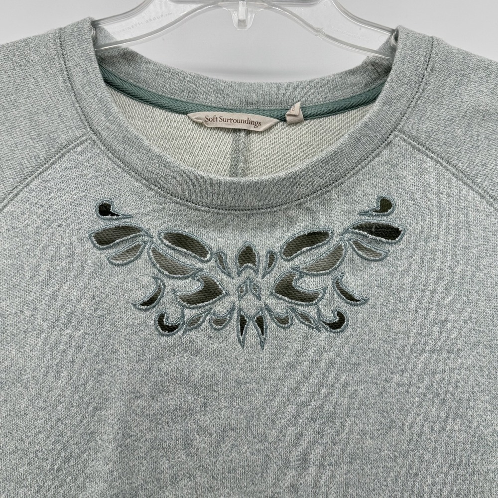 Soft Surroundings Sweatshirt Women XL Green Embroidered Cutout Side Zip Pullover